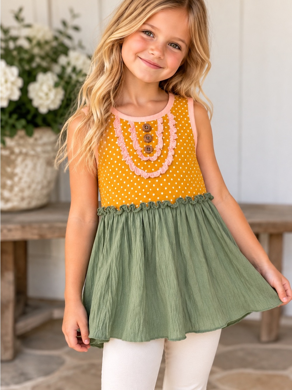 Matilda Jane Joanna Gaines Girls Tunic Size 6 Mustard Sage Ruffle Polka Dot